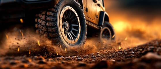 A close-up of a rugged vehicle's tire kicking up dust and gravel amidst a dramatic sunset backdrop, perfect for themes of adventure, off-roading, or automotive exploration,