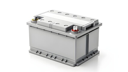 A close-up view of a car battery, isolated on a white background, showing terminals.