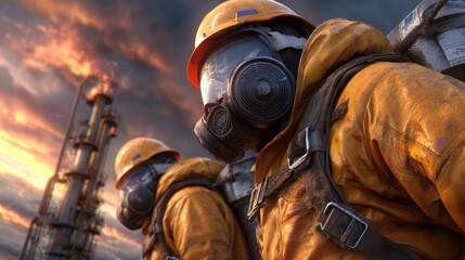 Two workers in protective gear and gas masks stand against a dramatic sunset backdrop, symbolizing safety in hazardous environments, This image suits industries like oil, gas, or safety training,