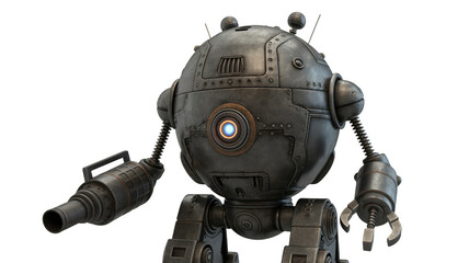 Naklejka premium Steampunk robot with glowing eye and weapon ready for action