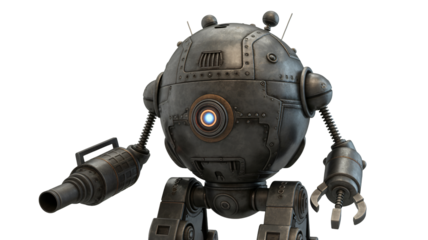 Steampunk robot with glowing eye and weapon ready for action