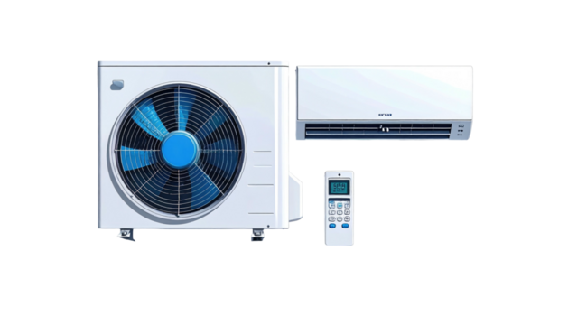 Two white air conditioning units displayed with a remote controller on a black background in a simple graphic style