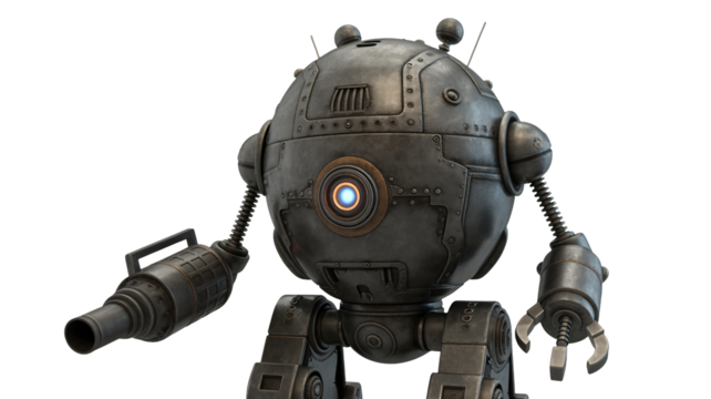 Steampunk robot with glowing eye and weapon ready for action