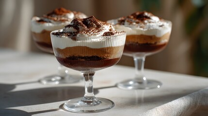 a mocha based dessert. the dessert is served in a ribbed coupe glass with a tall slender stem and wide shallow bowl, transparent ridged glass texture