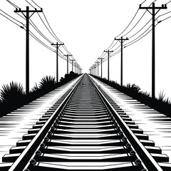 Perspective view of a long railway track with overhead power lines