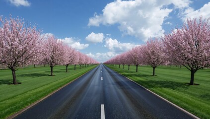 Fototapeta premium A long straight road lined with blossoming pink trees under blue skies
