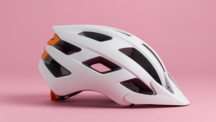 A white and orange cycling helmet presented against a soft pink backdrop