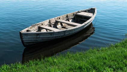 Obraz premium A weathered wooden rowboat gently floats on calm blue water