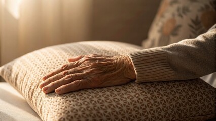 Obraz premium Gentle Hand Resting on a Textured Cushion in a Soft Environment