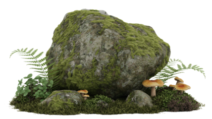 Enchanting forest scene with mossy rocks, ferns, and mushrooms