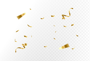 A festive explosion of realistic golden confetti and shiny ribbons falling against a transparent background for a celebration or special event