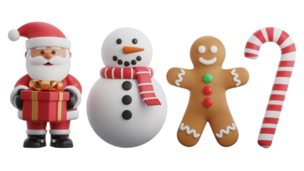 Festive christmas characters including santa claus holding a gift a snowman with a scarf a gingerbread man and a candy cane isolated on transparent background