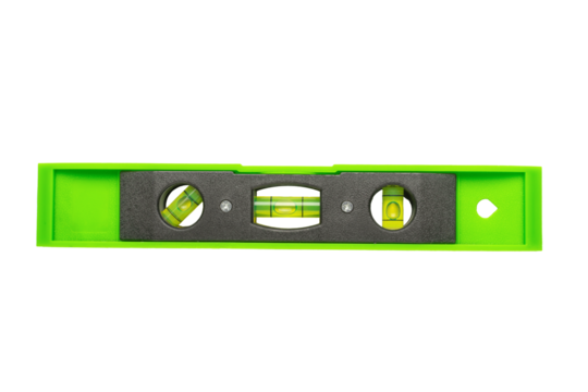 Bright Green Spirit Level Tool for Precision in Carpentry and Construction Projects. Transparent background.