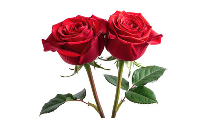 Two vibrant, deep red roses stand side-by-side, their velvety petals unfurling against a solid black background