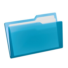 Realistic 3D blue file folder icon isolated on white. A glossy graphic symbolizing digital storage, data, and documents for technology and business. 3d rendering.