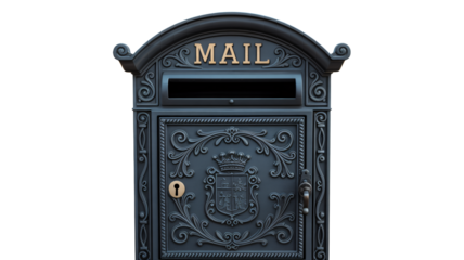 Elegant ornate mailbox with coat of arms and gold lettering