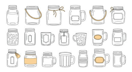 A charming assortment of hand-sketched glass jars and mugs, featuring different styles and rustic accents.