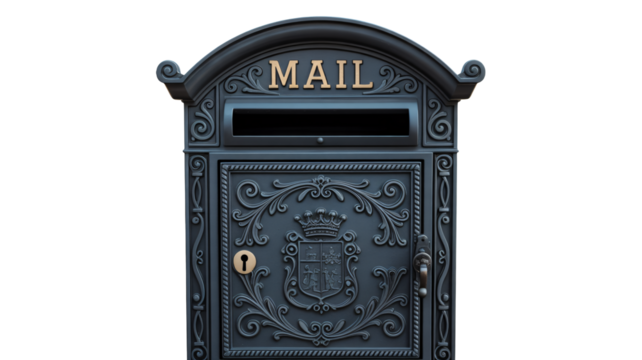 Elegant ornate mailbox with coat of arms and gold lettering