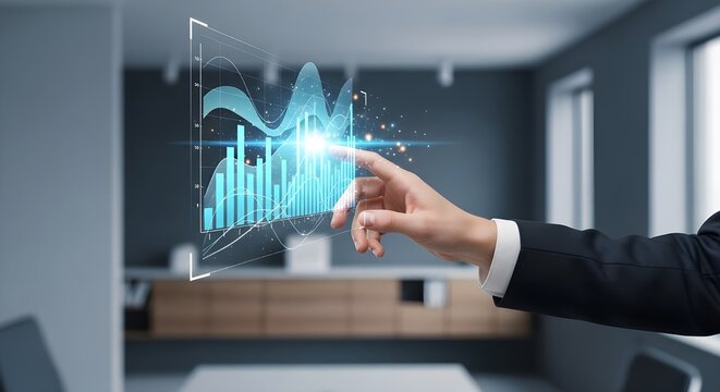 Businessman analyzing digital holographic stock chart at office desk