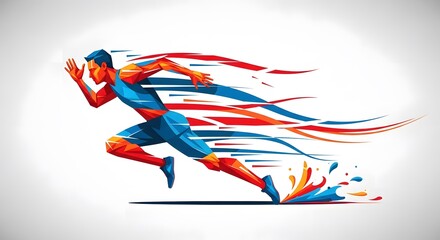 Stylized polygonal athlete sprinting forward with a powerful burst of speed depicted by colorful motion blur