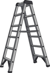 Grey aluminum step ladder vector illustration with A-frame design, seven rungs, safety bar, black caps, and household tool concept.