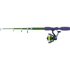 Extended green fishing rod with purple handle and yellow reel on a clean white background for angling activities