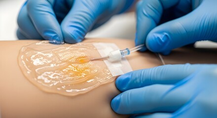 Vein catheter insertion point with antiseptic gel, medical gloved hands, clinical sterile lighting