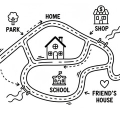 Create a simple map. Set of flat cartoon elements to build activities around your home area. Vector clip art featuring houses, parks, stores, friends' houses, and schools.Play mat for kids. 