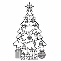 Vector Christmas tree isolated on a white background. A beautiful, sparkling Christmas tree with decorations - balls, garlands, bulbs, tinsel, and a gold star at the top.