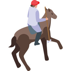 Equestrian Rider on Horseback Holding a Crop Wearing a Red Hat and Blue Riding Tunic