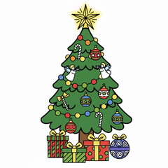 Vector Christmas tree isolated on a white background. A beautiful, sparkling Christmas tree with decorations - balls, garlands, bulbs, tinsel, and a gold star at the top.