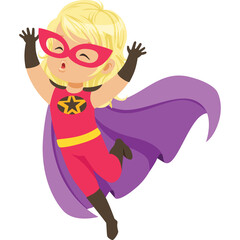 Excited Young Girl Dressed As Superhero With Pink Mask And Purple Cape Jumping In The Air With Arms Raised High