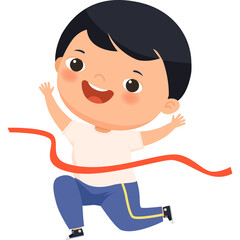Excited young boy with dark hair wearing a white t-shirt and blue pants breaks through a red ribbon finish line with arms raised high in a celebratory gesture on a transparent background