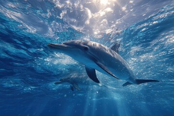 Dolphin gliding through clear ocean waters showcasing its belly with sunlight filtering through waves at midday