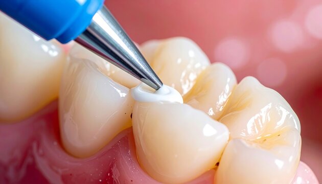 Photography capturing fine details of a dental equipment precisely applying sealant onto tooth surface, highlighting texture, precision, and professional dental care concept