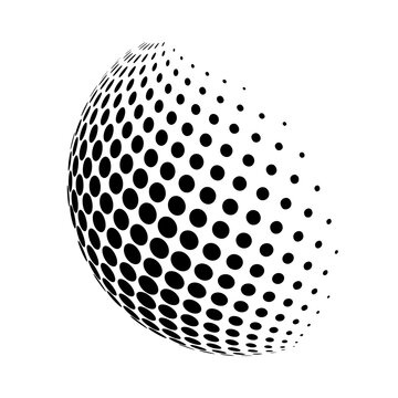 Black and white dots form an abstract vector pattern, illustrating a 3D sphere concept for web technology design