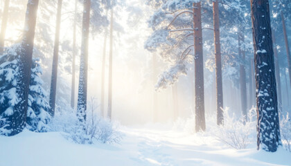 Dawn Over Powdery Snow-Covered Pine Forest　Generative AI