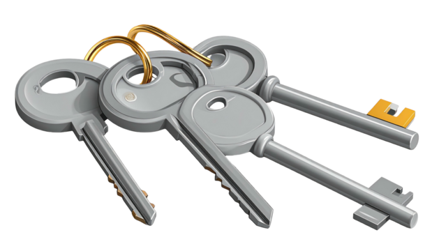 Silver-colored keys on a gold ring, isolated on black, angled. Cleanly rendered with highlights and shadows