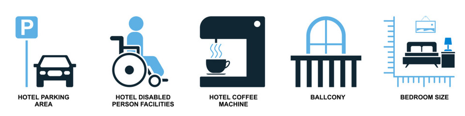 Set hotel icon vector. Ideal for hospitality, accommodation, and travel amenity themes. This graphic collection represents various guest services and lodging features for a seamless interface design.	