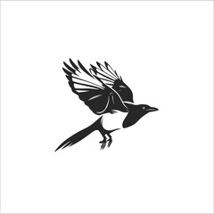 Black and white illustration of a flying bird against a white background