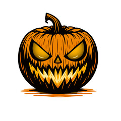 Scary Halloween Pumpkin Illustration with Evil Face on White Background