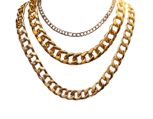 Elegant Multi-Layered Gold Chains on Display Stand – Luxury Jewelry PNG