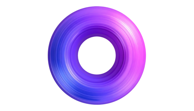 Abstract 3D donut shape with gradient of blue, purple, and pink colors, on a black background