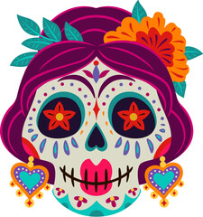 Day of the Dead celebration Catrina woman calavera sugar skull. Dia de Los Muertos carnival calavera sugar skull, hispanic culture holiday dead head with heart earnings, flower and leaves in hair