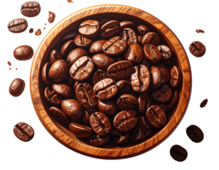 Fresh Roasted Coffee Beans in Wooden Bowl – Aromatic Morning Brew PNG