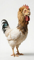 Mythical creature with chicken body and lion head on white background