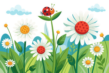 Ladybug on Daisy Leaf &ndash; Whimsical Garden Scene with Flowers and Hills