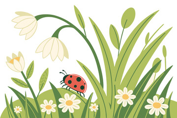 Ladybug in Spring Garden – Cartoon Flowers, Grass, and Nature Scene