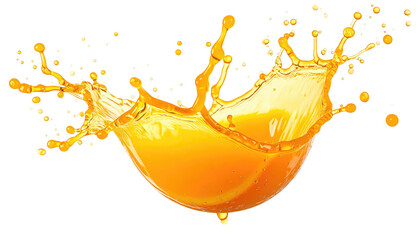 Orange liquid splashes upward in dynamic crown-like form, against a stark, transparent black background