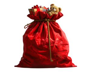 Traditional Santa Gift Sack with Golden Rope and Toys – Festive PNG